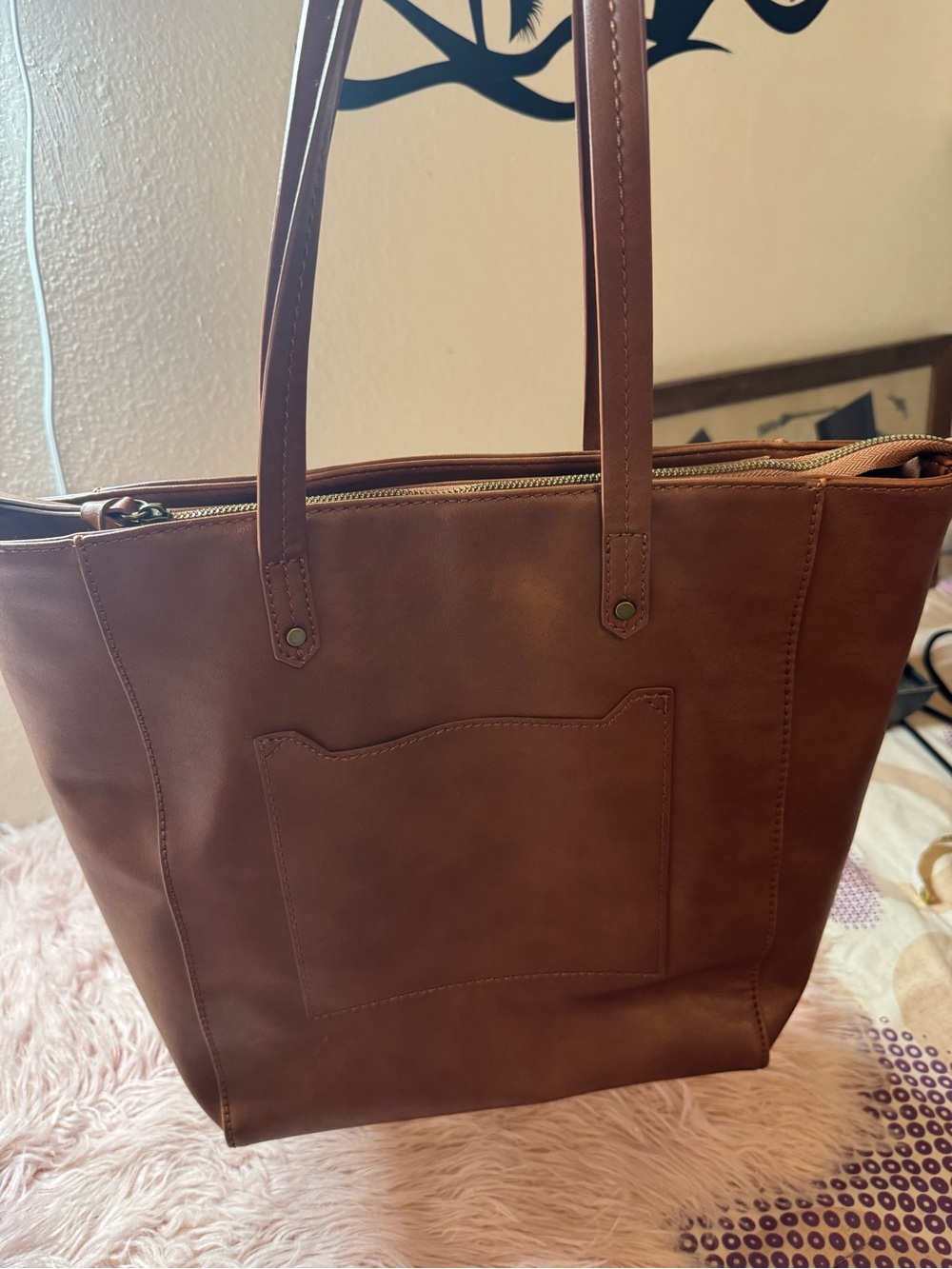 Universal Thread Brown Faux-Leather Tote with Front Pocket